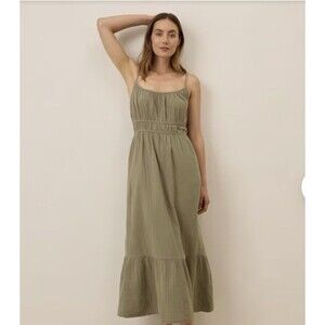 Pact Women's Coastal Double Gauze Cami Maxi Dress Large Khaki Green